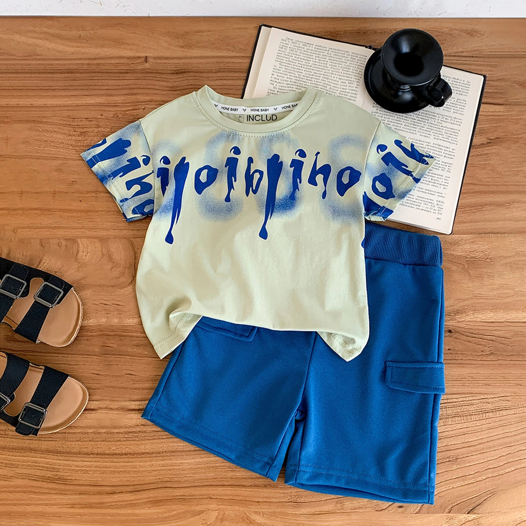 Boys Blue Abstract Print Short Sleeves T-Shirt With Cargo Shorts Set Sets Blue 1-2 Y