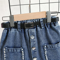 Girls Fuchsia Embellished Ribbed Sleeveless Top With Denim Skirt Sets Sets