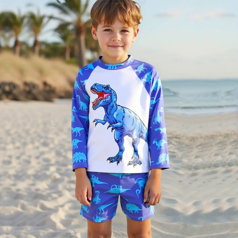 Boys Blue Dinosaur Printed Long Sleeves T-Shirt & Shorts Swimsuit Sets Sets