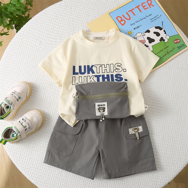 Boys Printed T-shirt with Attached Grey Zipper Pouch & Shorts Set Sets Grey 1-2 Y