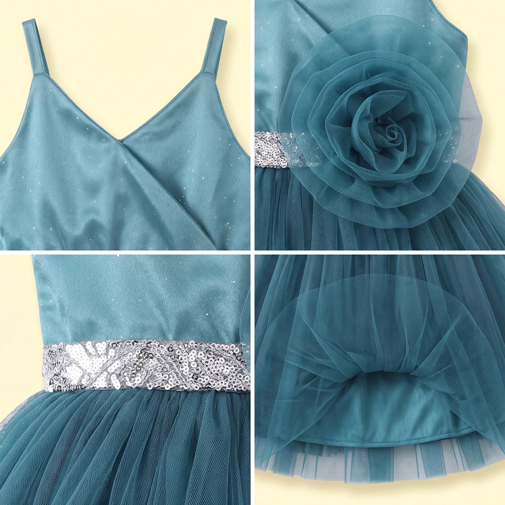 Girls Teal Solid Sleeveless Fit & Flare Party Dress Party Dresses