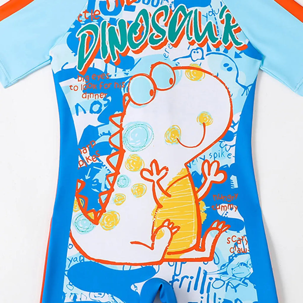 Boys Blue Graphics Short Sleeves Swimwear Bodysuit & Swim Cap Beachwear