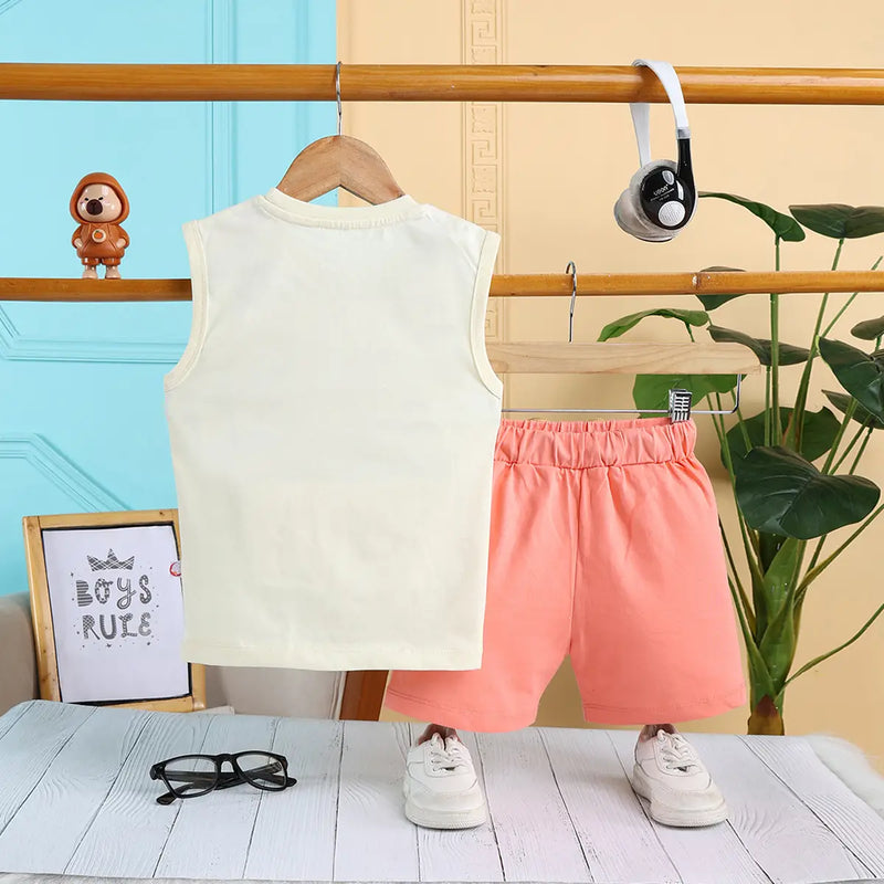 Boys Apricot Surf Printed Vest With Drawstring Shorts Sets Sets