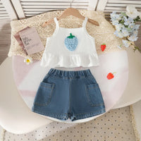 Girls Light Blue 3D Strawberry Applique Sleeveless Top With Denim Shorts Set Sets Light Blue 2-3 Y