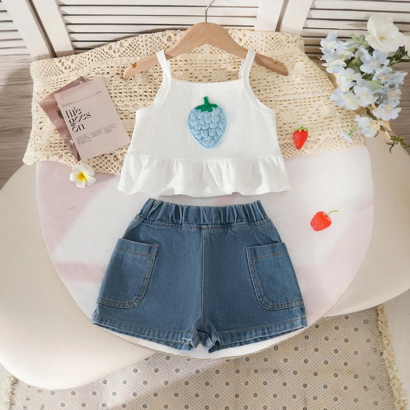 Girls Light Blue 3D Strawberry Applique Sleeveless Top With Denim Shorts Set Sets Light Blue 2-3 Y