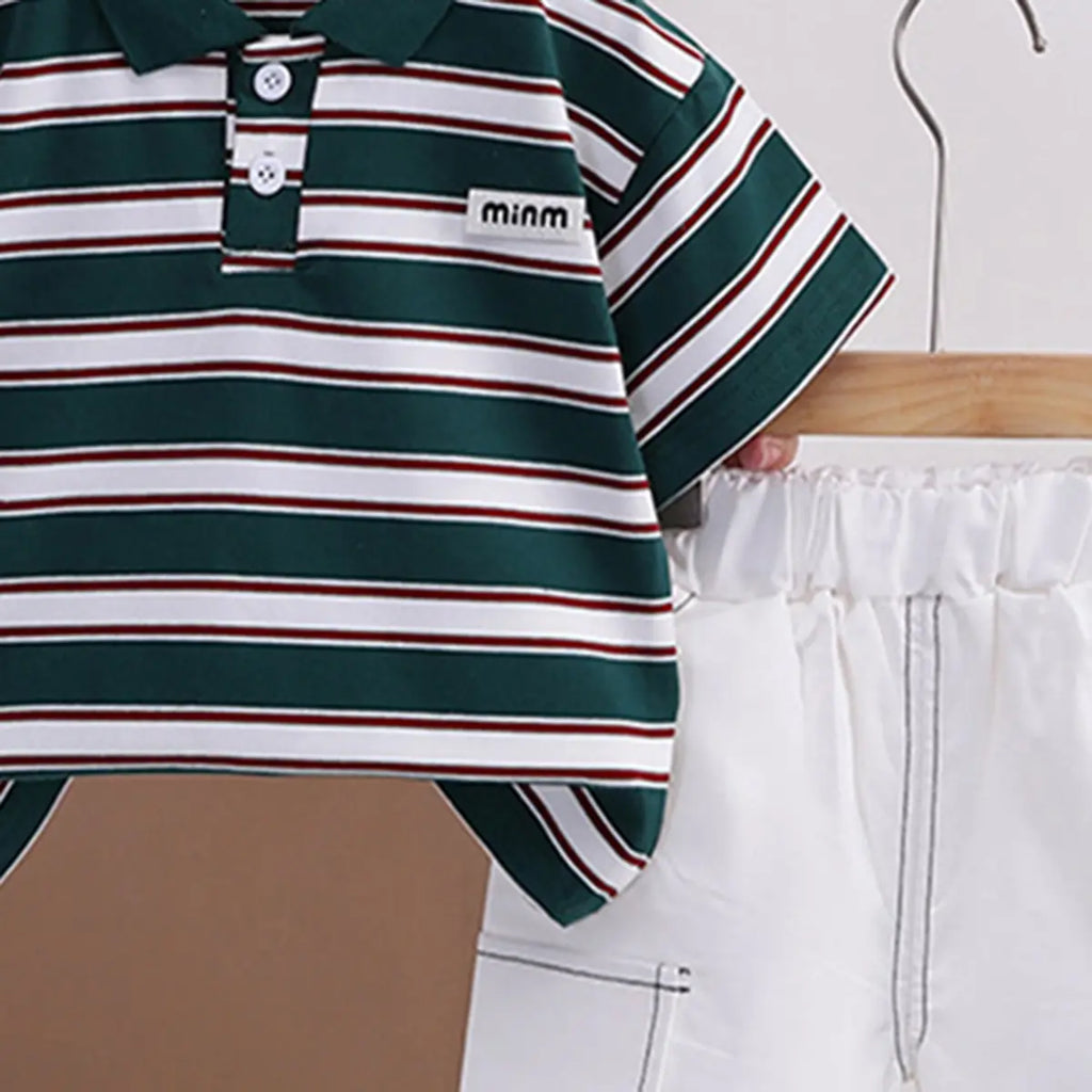 Boys Dark Green Striped Polo T-shirt With Elasticated Shorts Sets 2 pc. Sets