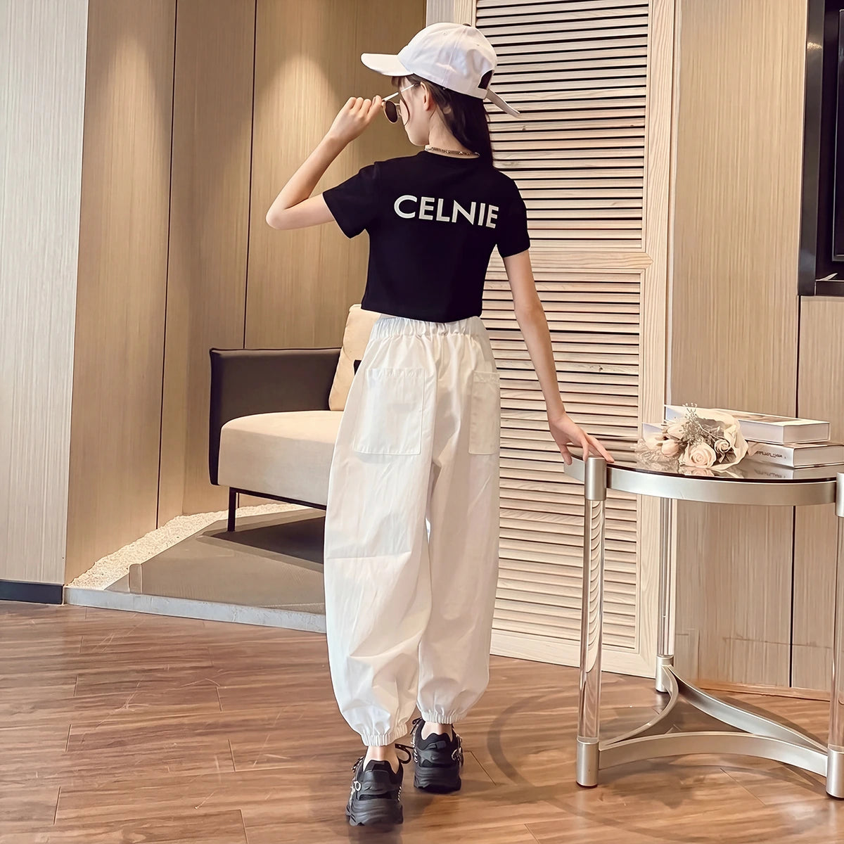 Girls Black Short Sleeve Crop Top With Elasticated Pants Sets 2 pc. Sets