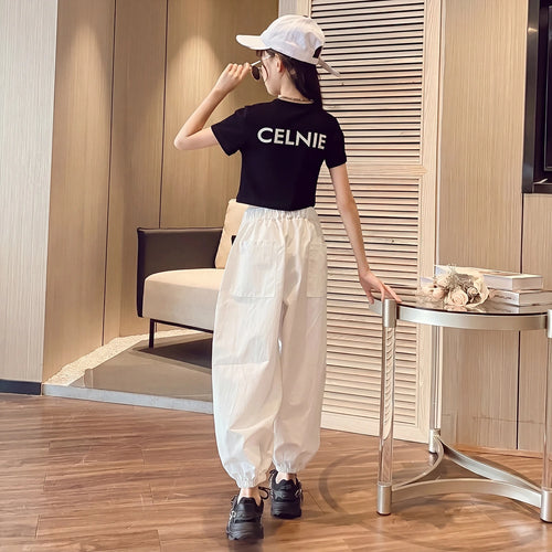 Girls Black Short Sleeve Crop Top With Elasticated Pants Sets 2 pc. Sets