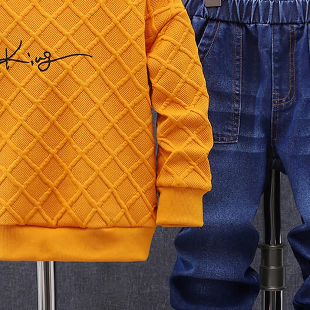 Boys Orange Self-Design Long Sleeve Sweatshirt With Denim Trouser Sets 2 pc. Sets