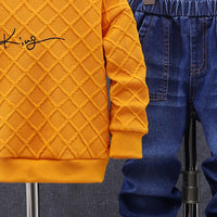 Boys Orange Self-Design Long Sleeve Sweatshirt With Denim Trouser Sets 2 pc. Sets