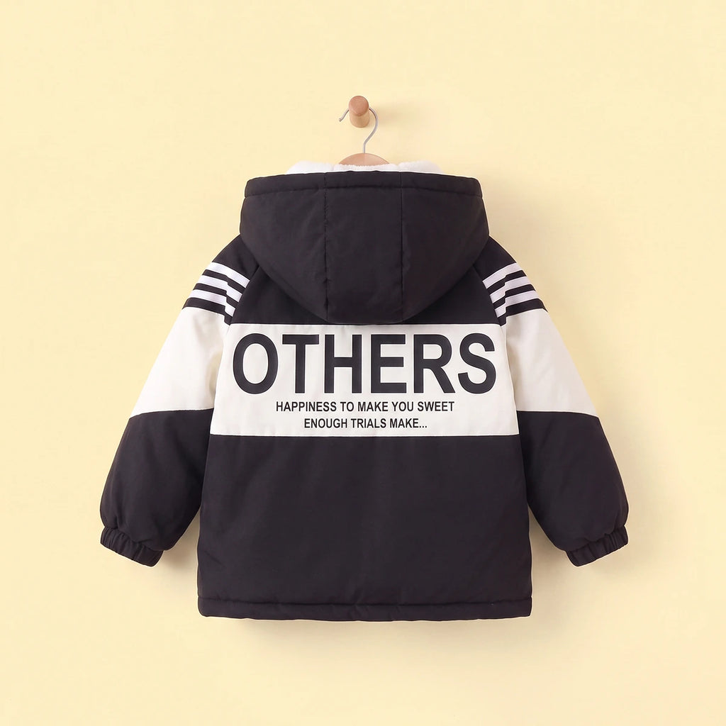 Boys White Hooded Full Sleeves Fleece Lined Jacket Coats & Jackets