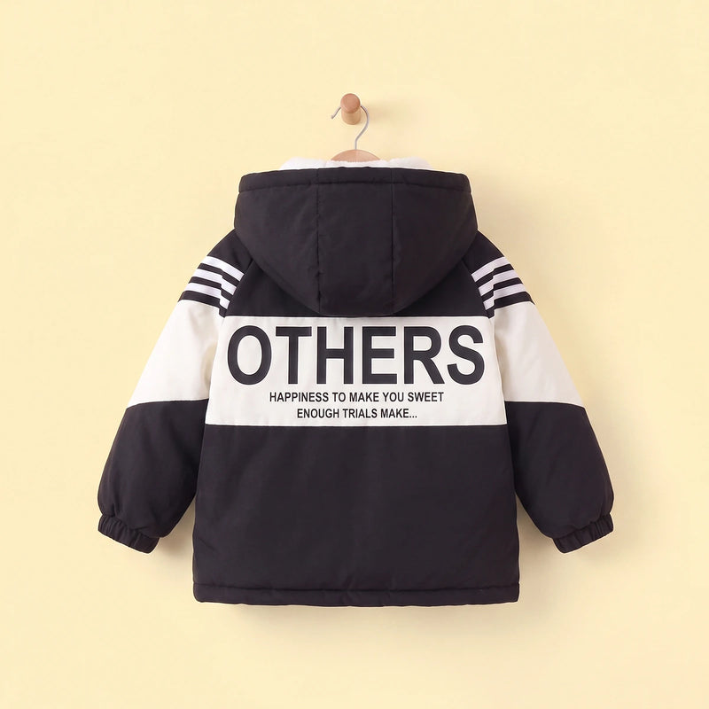 Boys White Hooded Full Sleeves Fleece Lined Jacket Coats & Jackets
