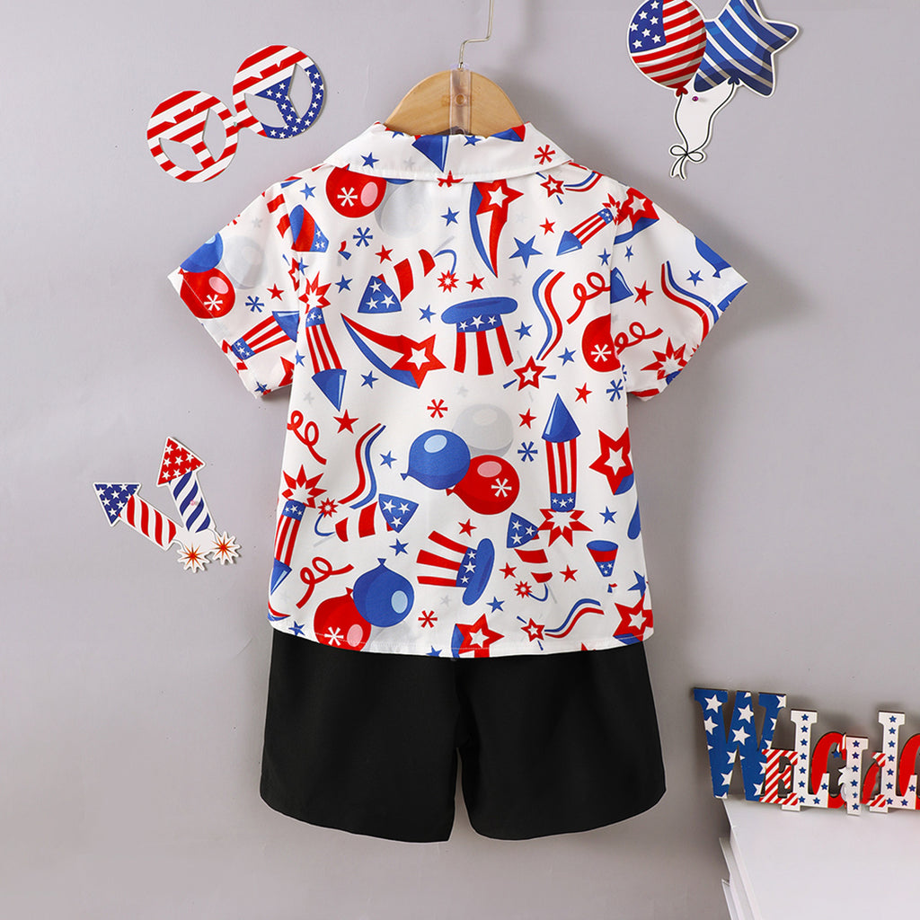Boys White Printed Short Sleeve Shirt With Elasticated Shorts Set 2 pc. Sets
