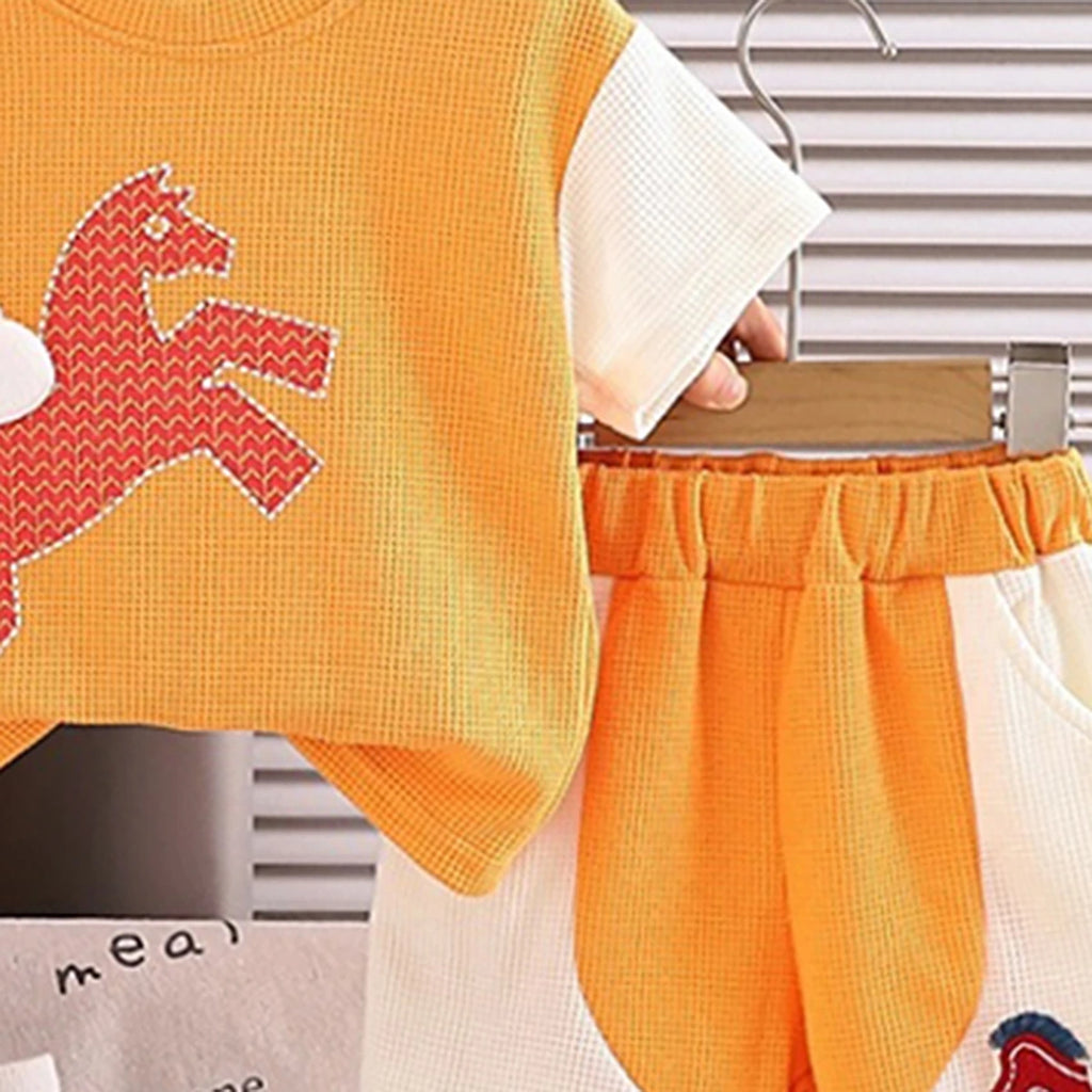 Boys Orange Horse Printed Short Sleeve T-Shirt With Elasticated Shorts Sets 2 pc. Sets