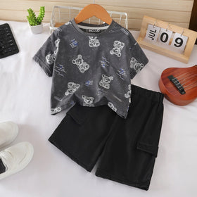 Boys Dark Grey Bear Cartoon Print Short Sleeves T-Shirt With Shorts Set Sets Dark Grey 1-2 Y