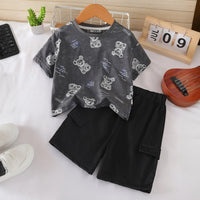 Boys Dark Grey Bear Cartoon Print Short Sleeves T-Shirt With Shorts Set Sets Dark Grey 1-2 Y