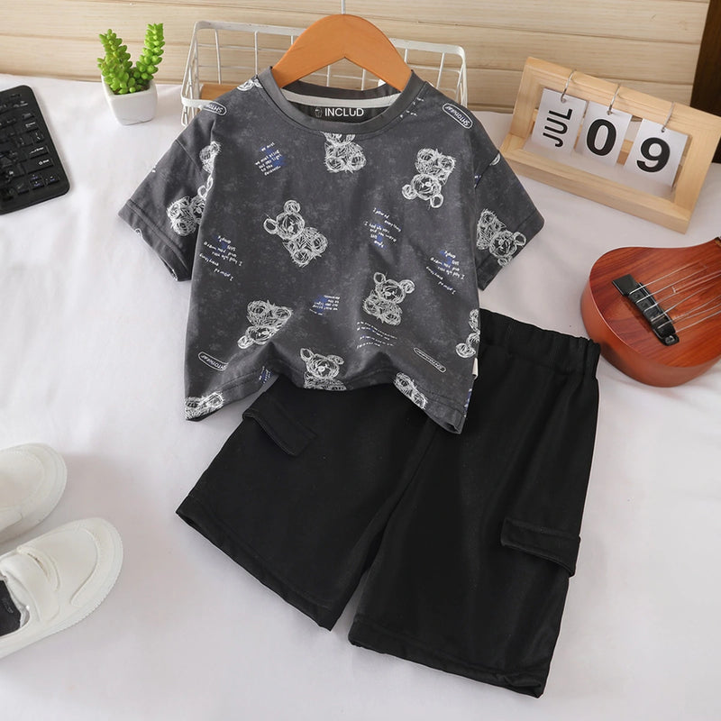 Boys Dark Grey Bear Cartoon Print Short Sleeves T-Shirt With Shorts Set Sets Dark Grey 1-2 Y