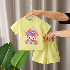 Girls Yellow Cartoon Printed T-shirt with Knitted Shorts Set Sets Yellow 1-2 Y