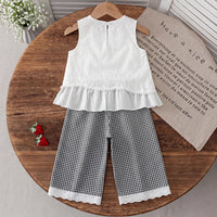 Girls White Self-Design Peplum Top With Checkered Pants Sets 2 pc. Sets