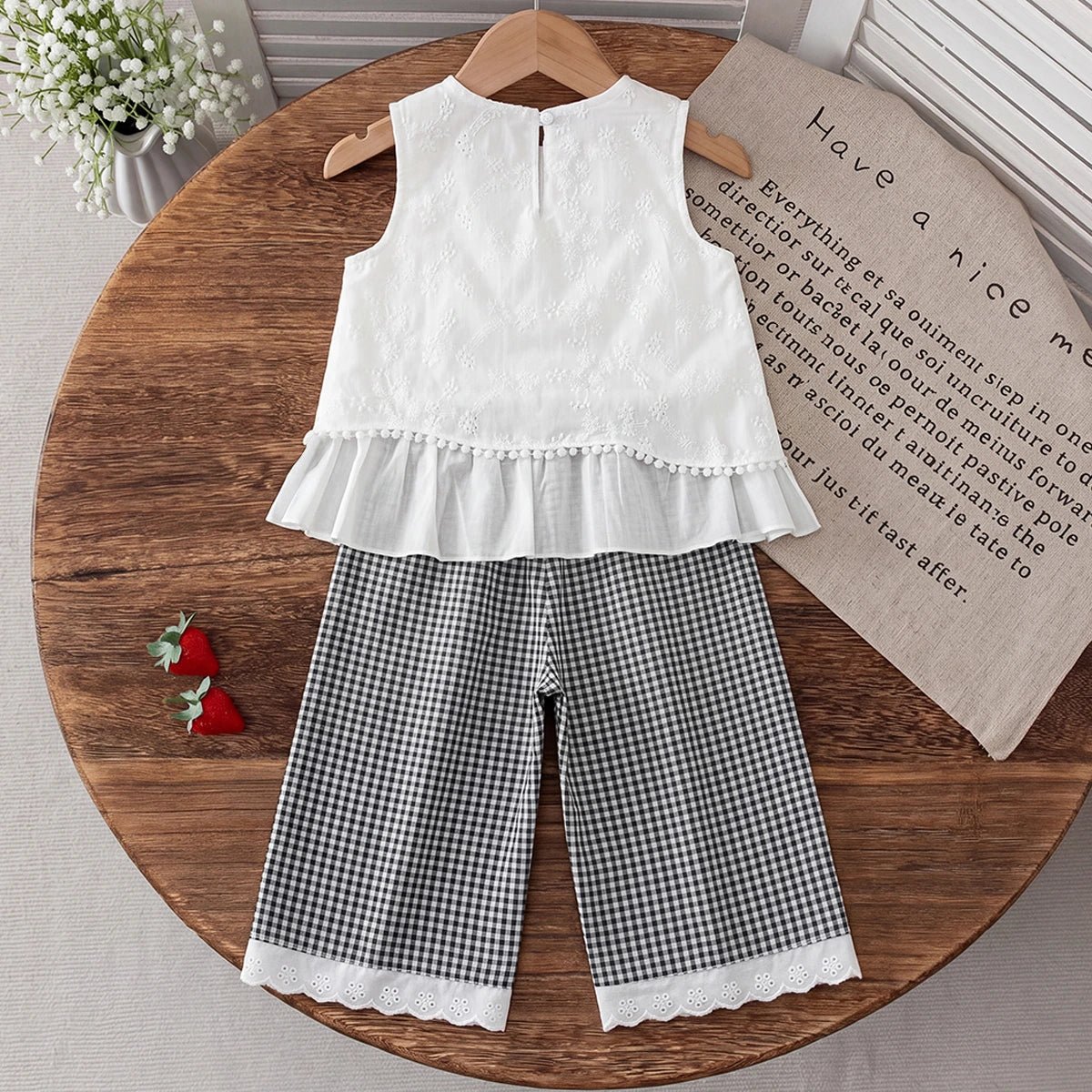 Girls White Self-Design Peplum Top With Checkered Pants Sets 2 pc. Sets