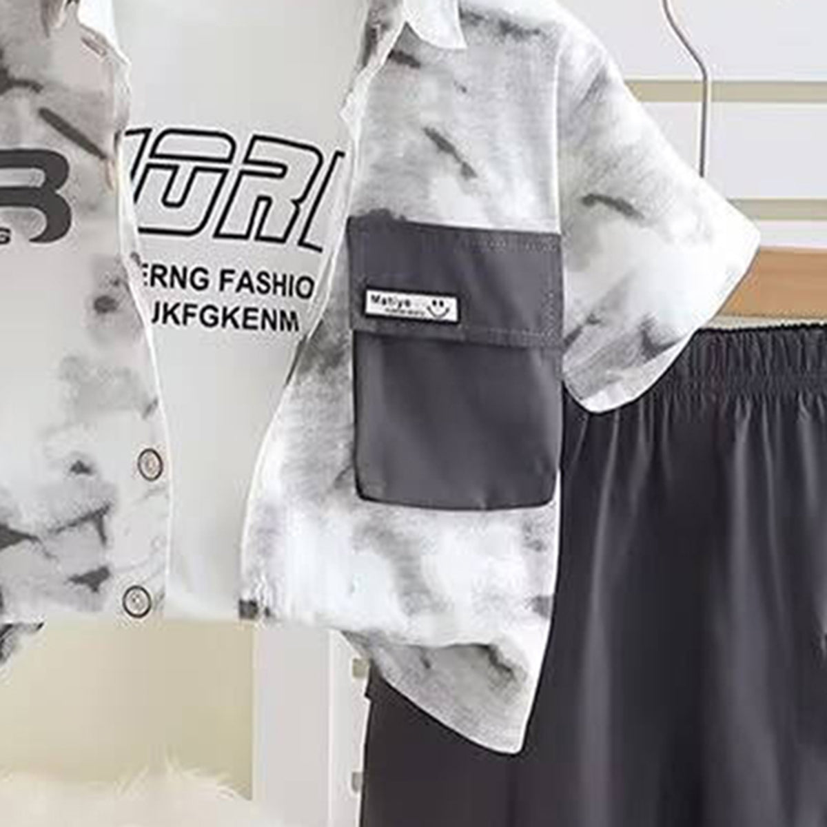 Boys Grey Abstract Printed Short Sleeves Shirt With T-Shirt And Cargo Shorts Set Sets