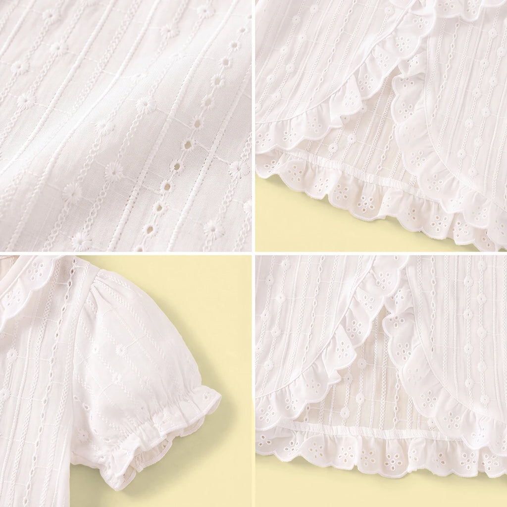 Girls White Schiffli Embroidered Short Sleeve Shrug Tops