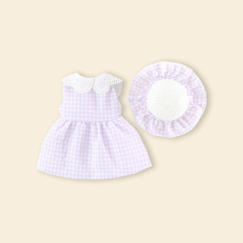 Girls Purple Checked Eyelet Peter Pan Collar Dress With Hat Casual Dresses
