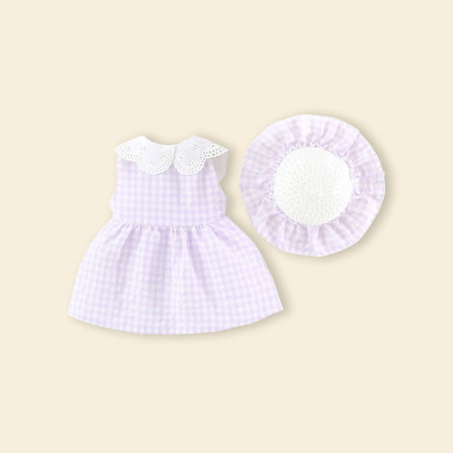 Girls Purple Checked Eyelet Peter Pan Collar Dress With Hat Casual Dresses