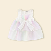 Girls White Rainbow Print Bow Applique Sleeveless Layered Dress Casual Dresses
