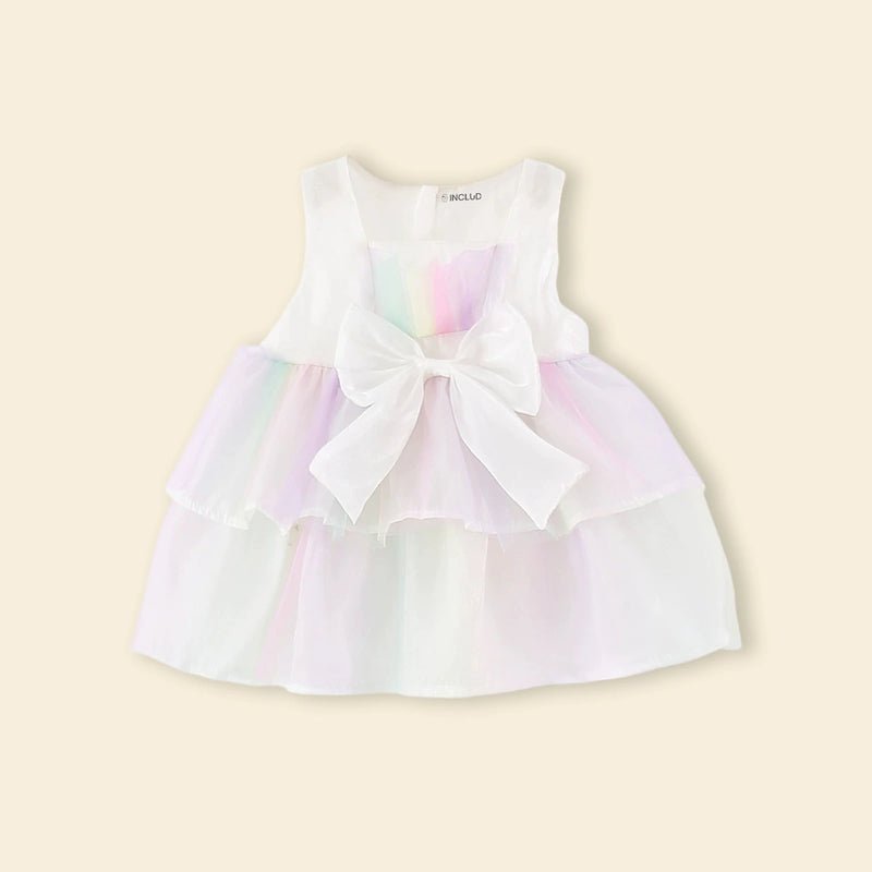Girls White Rainbow Print Bow Applique Sleeveless Layered Dress Casual Dresses