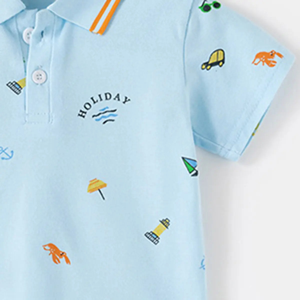 Boys Sky Blue Short Sleeve Beach Print Polo T-Shirt Tshirts