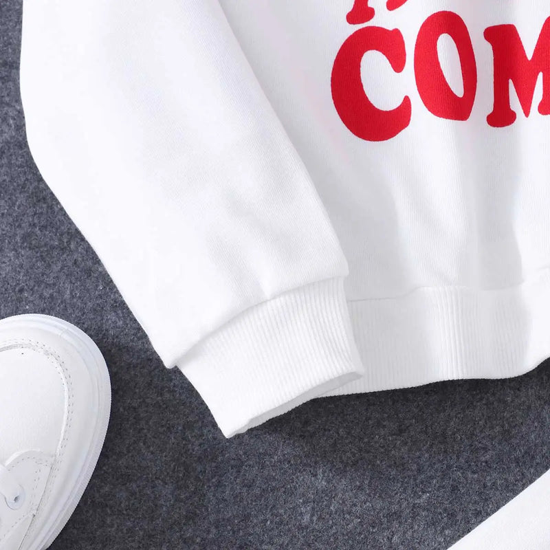 Girls White Typographic Printed Hooded Sweatshirt With Joggers Co-ord Sets 2 pc. Sets