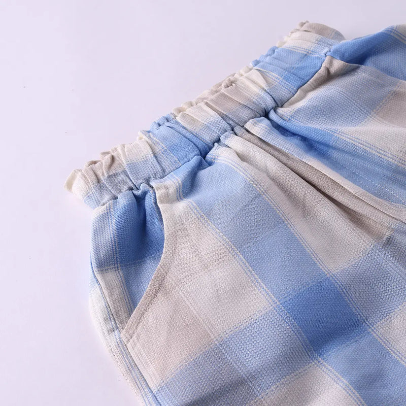 Boys Sky Blue Golf Print Short Sleeve T-Shirt With Checked Shorts Sets Sets