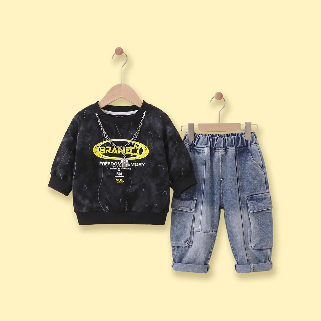 Boys Black Typographic Sweatshirt & Denim Cargo Pants Sets Sets Black 1-2 Y