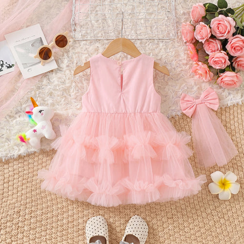 Girls Light Pink Sequins Embellished Sleeveless Tiered Dress Casual Dresses