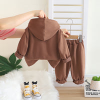 Boys Brown Typographic Printed Hooded Sweatshirt With Sleeveless Jacket & Joggers Set Sets