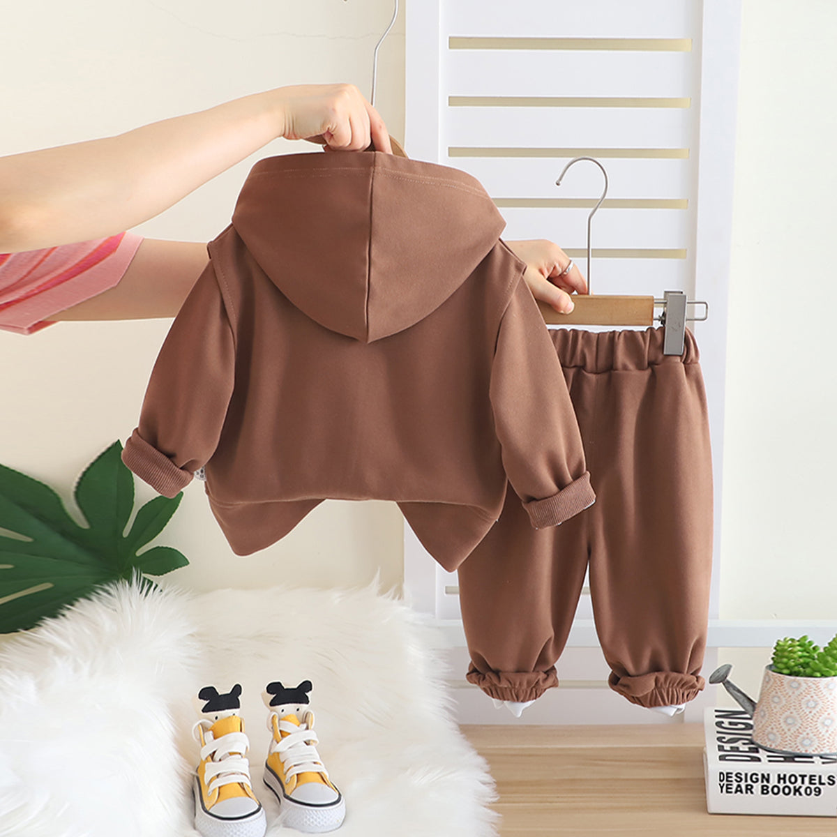 Boys Brown Typographic Printed Hooded Sweatshirt With Sleeveless Jacket & Joggers Set Sets