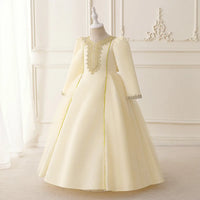 Girls Cream Embroidered Fit & Flare Dress With Long Sleeves Casual Dresses