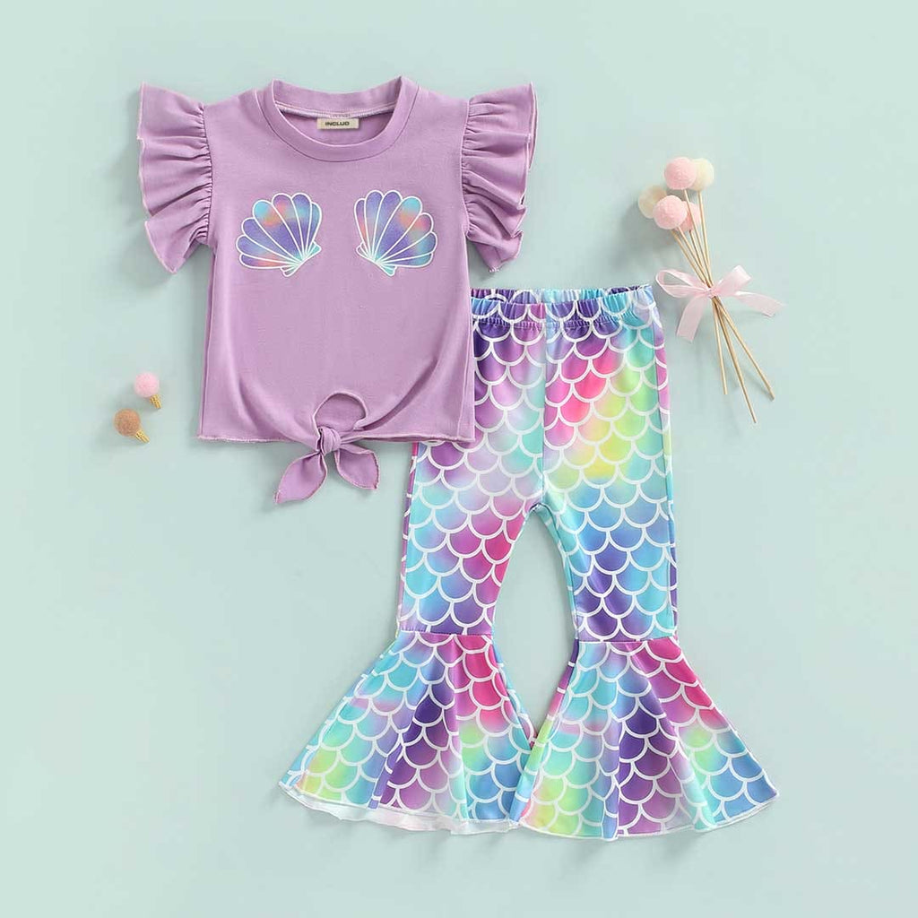 Girls Graphic Tie Knot Top With Printed Pants Set