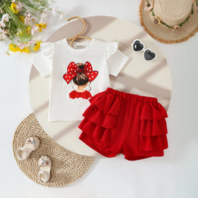 Girls Graphics Short Sleeves Top With Red Ruffled Shorts Set Sets Red 3-4 Y
