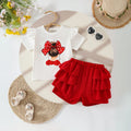 Girls Graphics Short Sleeves Top With Red Ruffled Shorts Set Sets Red 3-4 Y