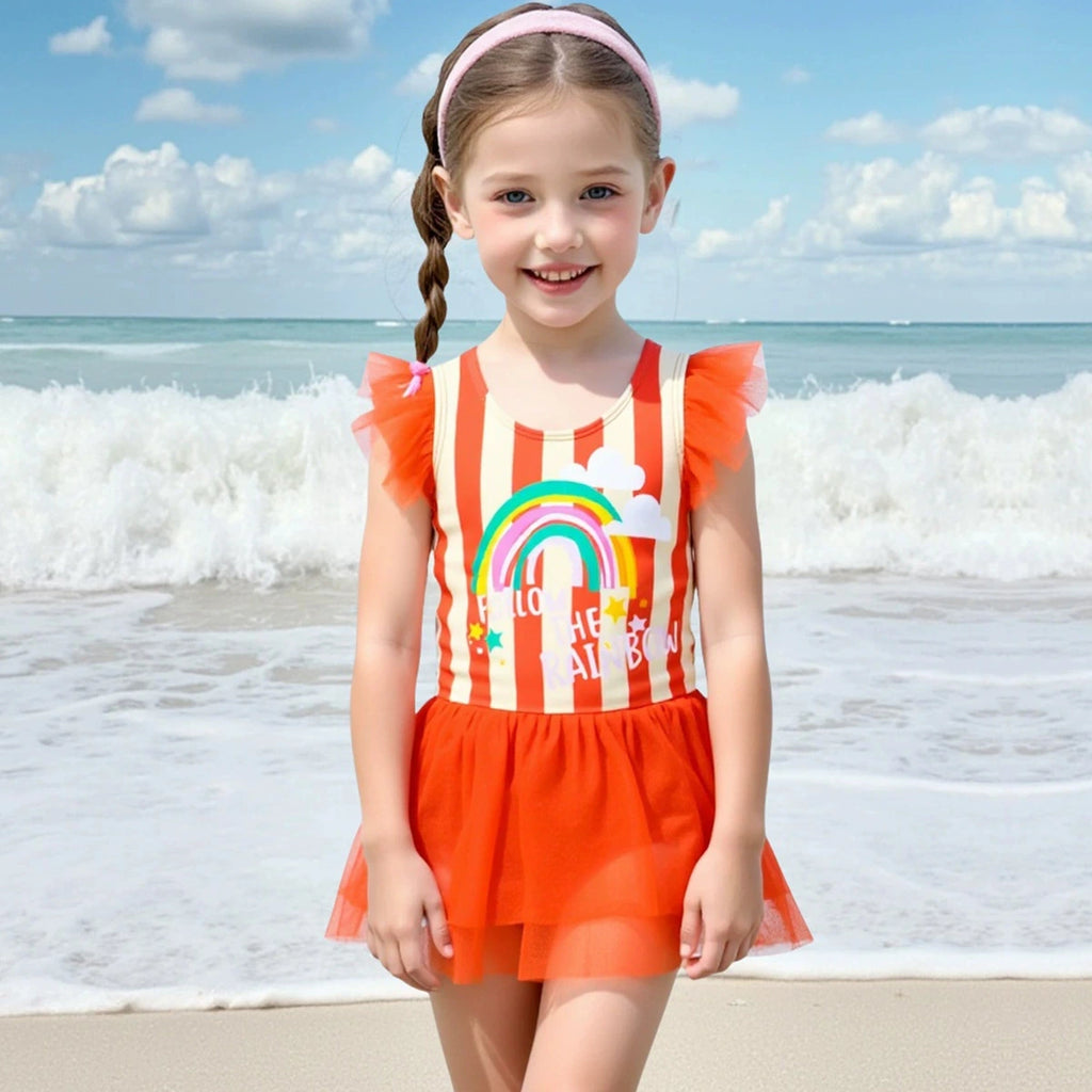Girls Orange Stripes Tulle Overlay Swimwear Bodysuit With Cap Beachwear