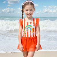 Girls Orange Stripes Tulle Overlay Swimwear Bodysuit With Cap Beachwear