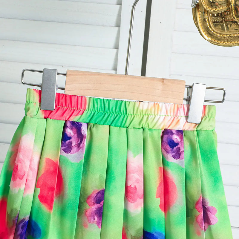 Girls Green Floral Printed Top With Pleated Skirt Co-ord Sets Sets