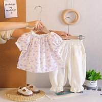 Girls Purple Floral Printed Bow Appliqued Top With Pants Sets Sets