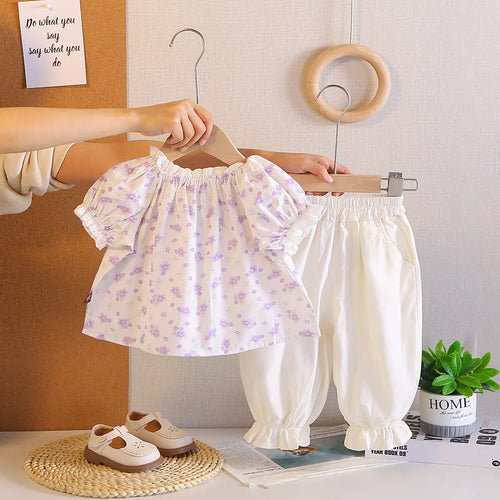 Girls Purple Floral Printed Bow Appliqued Top With Pants Sets Sets