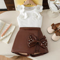 Girls White Flowers Applique Sleeveless Top With Wrap Skorts Set Sets White 3-4 Y