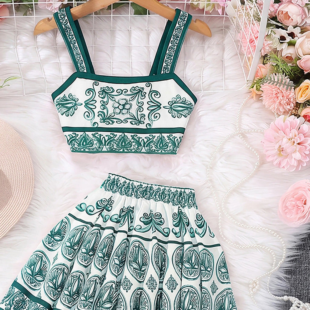 Girls Green Ethnic Print Sleeveless Top With Skirt Sets 2 pc. Sets