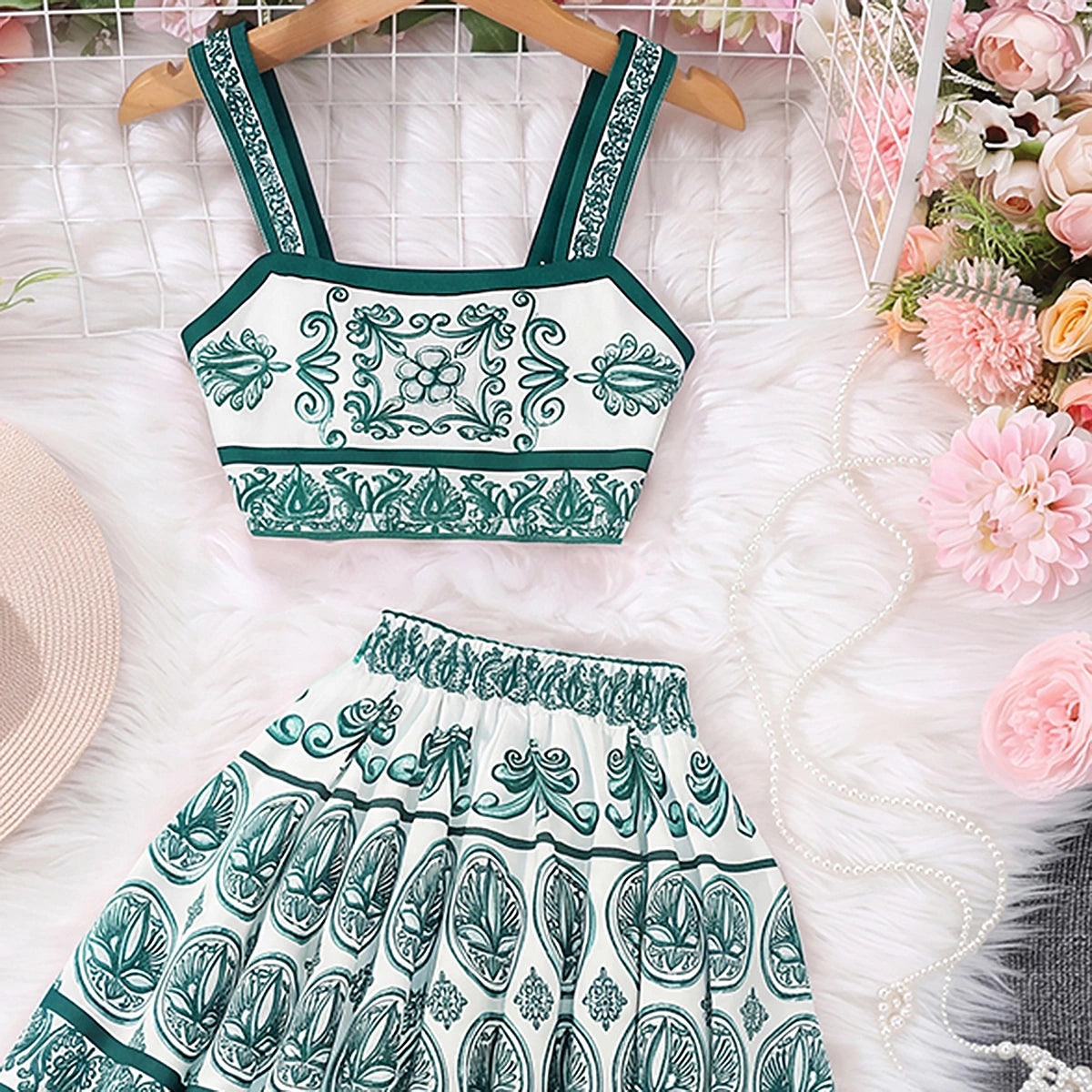 Girls Green Ethnic Print Sleeveless Top With Skirt Sets 2 pc. Sets