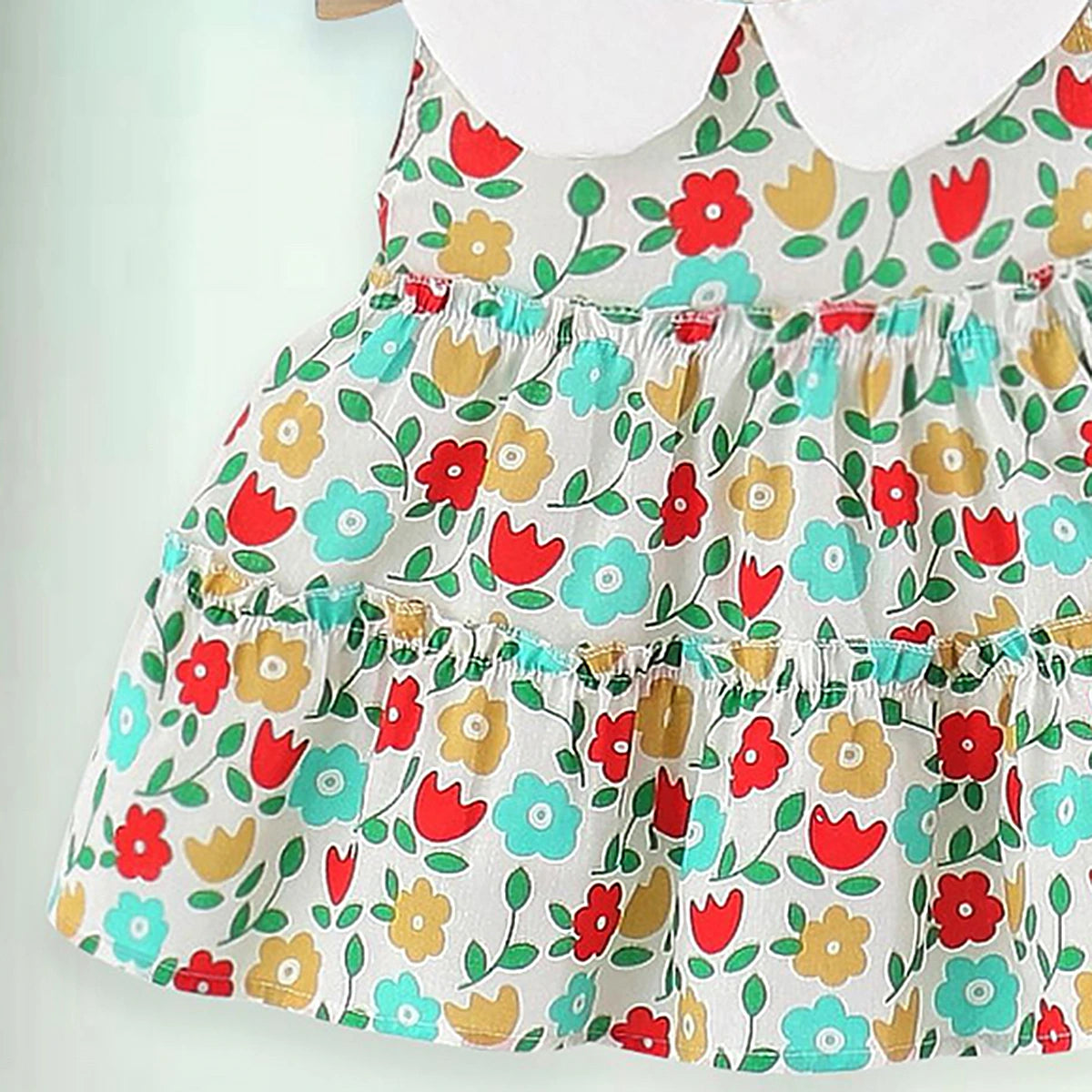 Girls Red Floral Print Peter Pan Collar Tiered Dress Casual Dresses